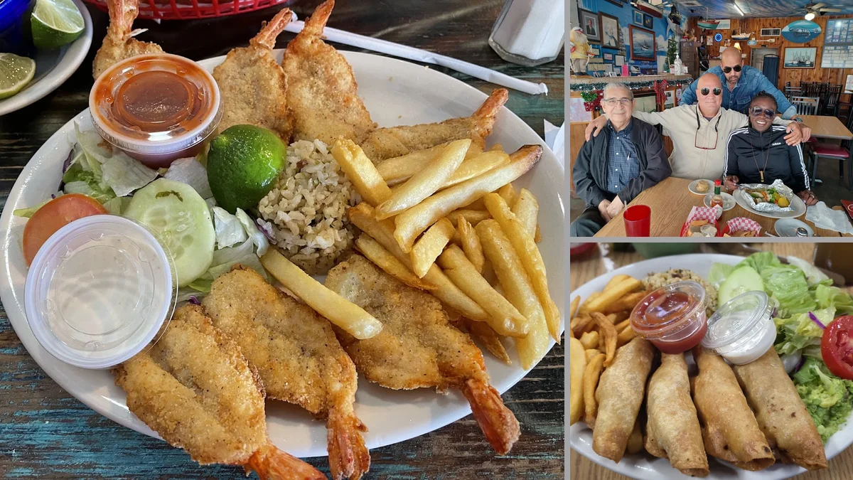 Plates of fried shrimp and fish.